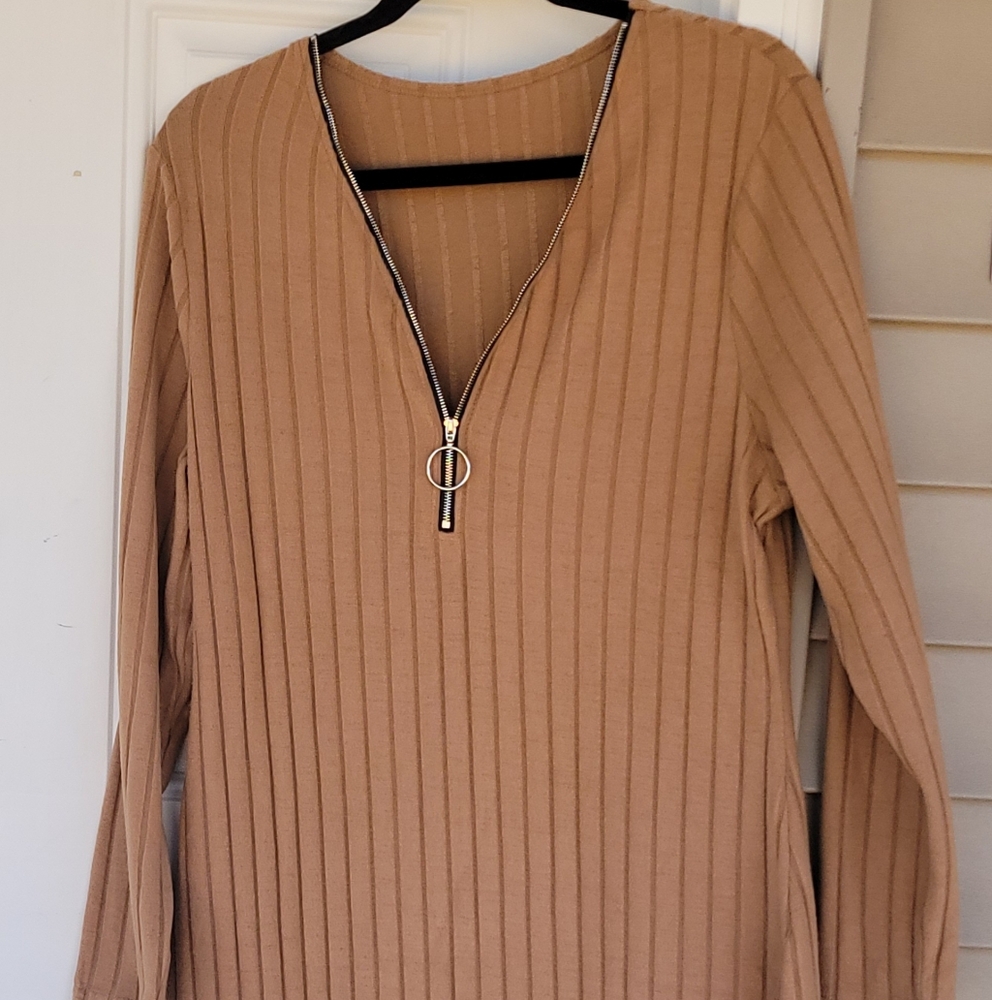 Tan Ribbed Long Sleeve Dress